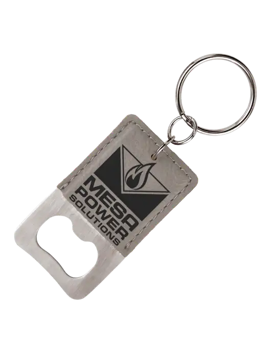 Grey Leatherette Rectangle Bottle Opener Keychain w/Mesa Solutions Logo