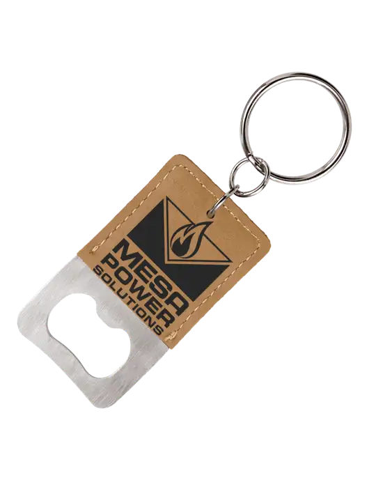 Tan Leatherette Rectangle Bottle Opener Keychain w/Mesa Solutions Logo