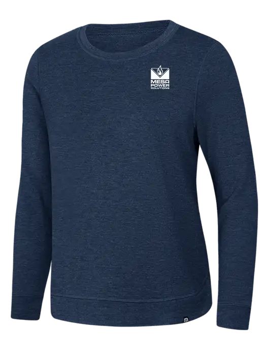 TravisMathew Womens Dark Slate Blue Heather Lightweight Long Weekend Crew w/Mesa Solutions Logo