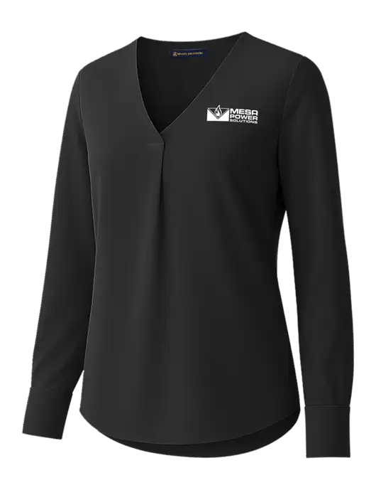 Brooks Brothers Womens Black Open-Neck Satin Blouse  w/Mesa Solutions Logo
