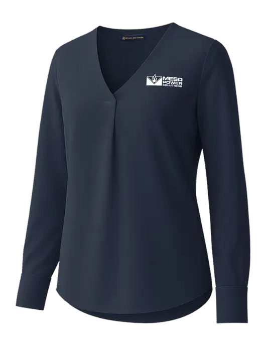 Brooks Brothers Womens Dark Navy Open-Neck Satin Blouse  w/Mesa Solutions Logo