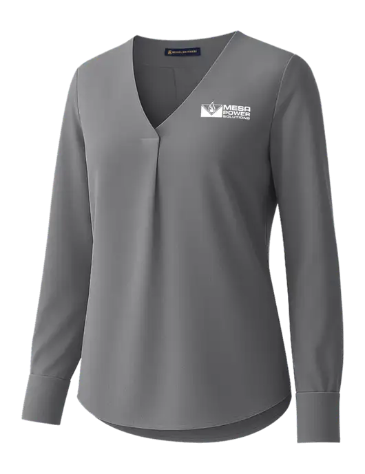 Brooks Brothers Womens Medium Grey Open-Neck Satin Blouse  w/Mesa Solutions Logo
