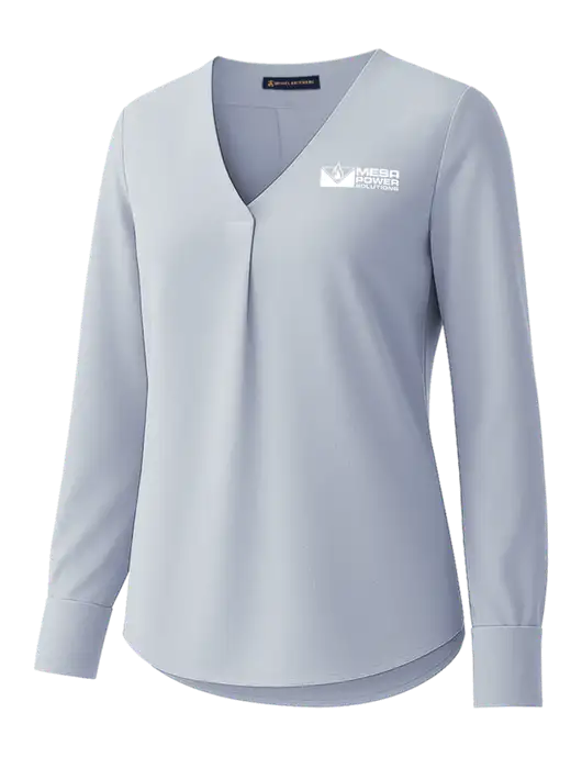 Brooks Brothers Womens Light Slate Blue Open-Neck Satin Blouse  w/Mesa Solutions Logo
