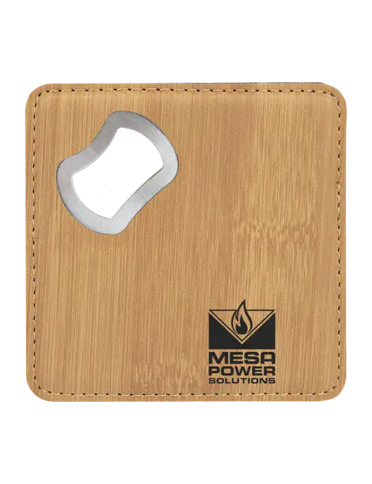 Bamboo Leatherette Coaster with Bottle Opener w/Mesa Solutions Logo