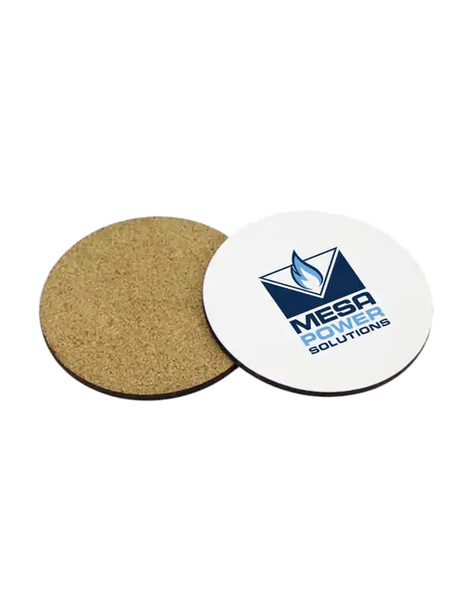 Gloss White Hardboard Round Coaster w/Cork Back, 3.75 w/Mesa Solutions Logo