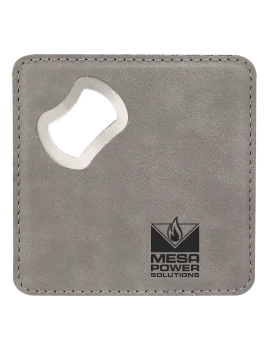 Grey Leatherette Coaster with Bottle Opener w/Mesa Solutions Logo
