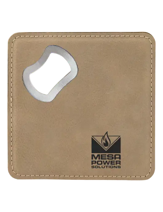 Tan Leatherette Bottle Opener Coaster w/Mesa Solutions Logo