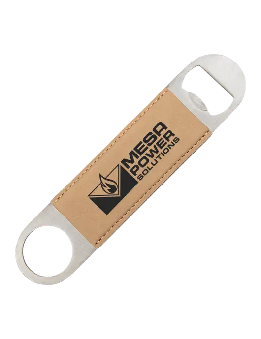 Tan Leatherette Bottle Opener w/Mesa Solutions Logo