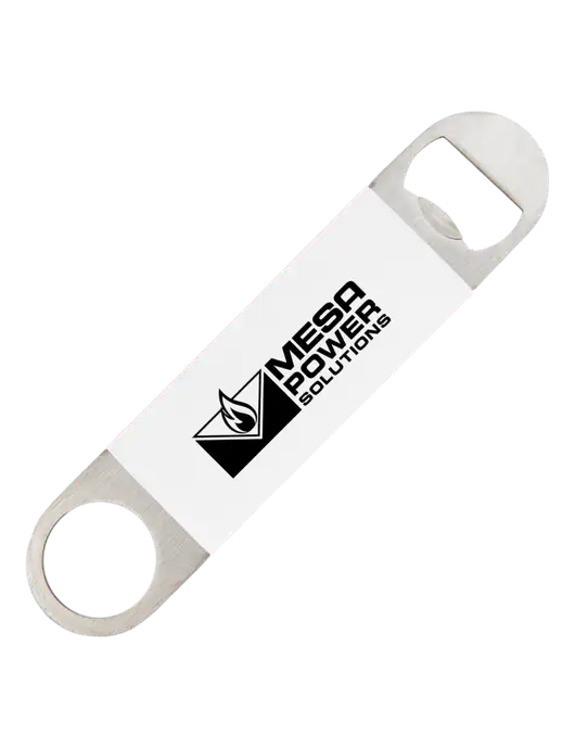 White Bottle Opener with Silicone Grip w/Mesa Solutions Logo