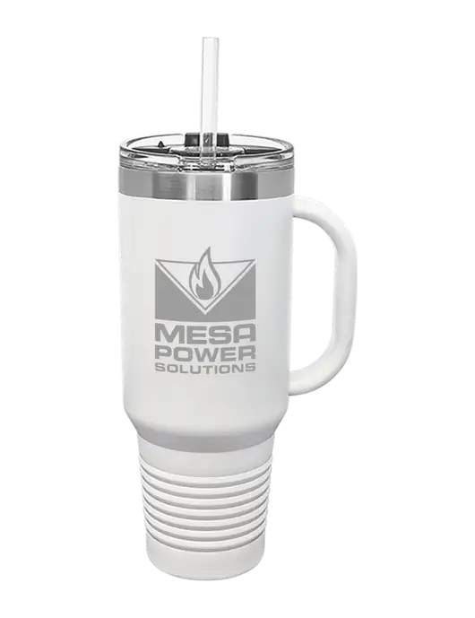 Polar Camel 40 oz. Powder Coated Vacuum Insulated White Travel Mug with Straw w/Mesa Solutions Logo