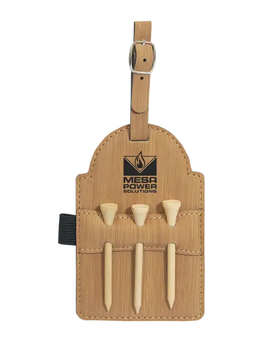 Bamboo Leatherette Golf Bag Tag with 3 Wooden Tees w/Mesa Solutions Logo