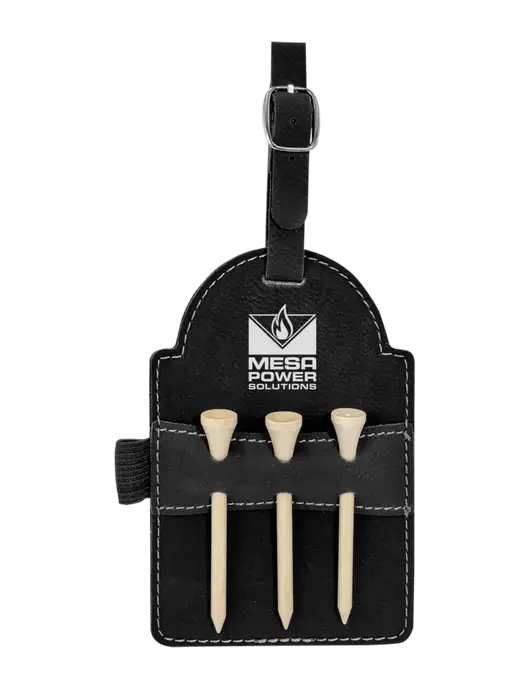 Black Leatherette Golf Bag Tag with 3 Wooden Tees w/Mesa Solutions Logo