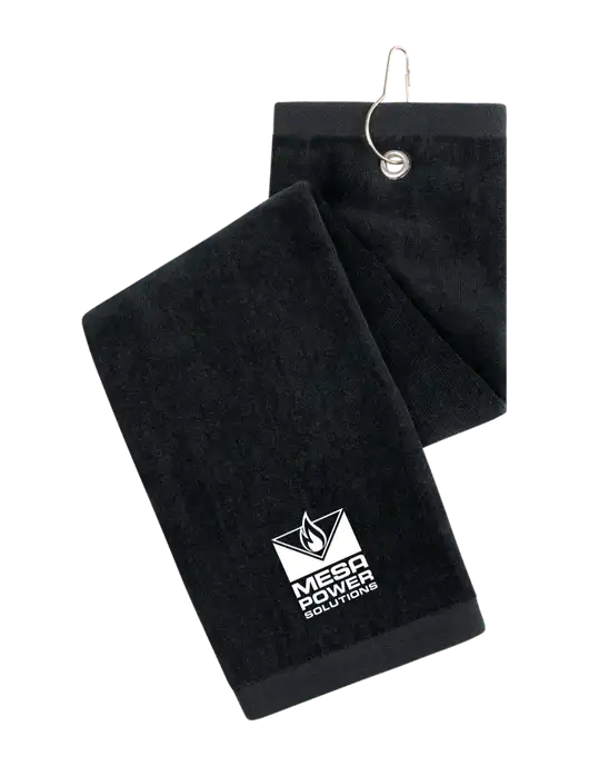 Black Tri-Fold Golf Towel with Grommet w/Mesa Solutions Logo