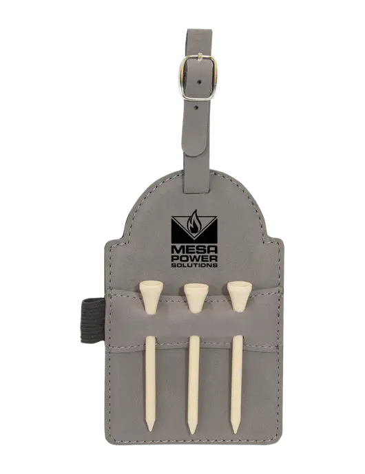 Grey Leatherette Golf Bag Tag with 3 Wooden Tees w/Mesa Solutions Logo