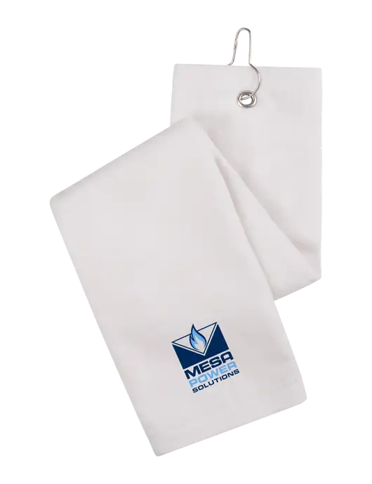 White Tri-Fold Golf Towel with Grommet w/Mesa Solutions Logo