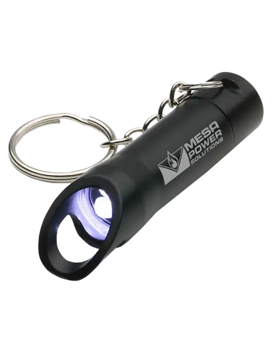 Black Pocket LED Flashlight with Bottle Opener & Keychain w/Mesa Solutions Logo