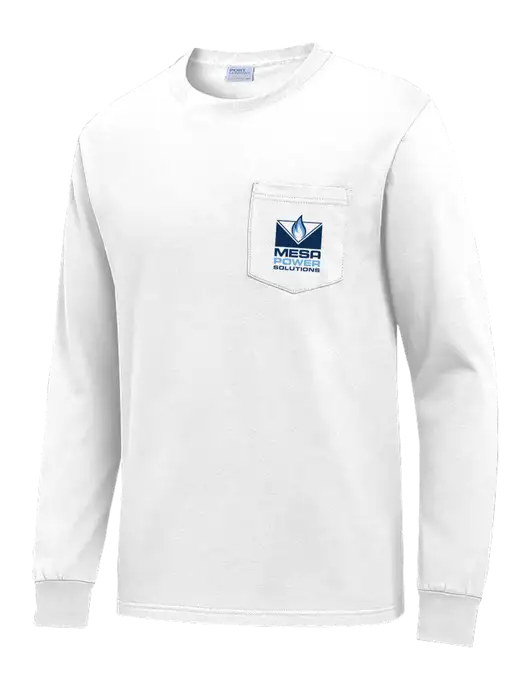 White Long Sleeve Heavyweight 6.1 oz Pocket T-Shirt w/Mesa Solutions Logo