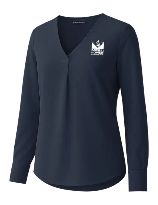 Brooks Brothers Womens Dark Navy Open-Neck Satin Blouse  w/Mesa Solutions Logo