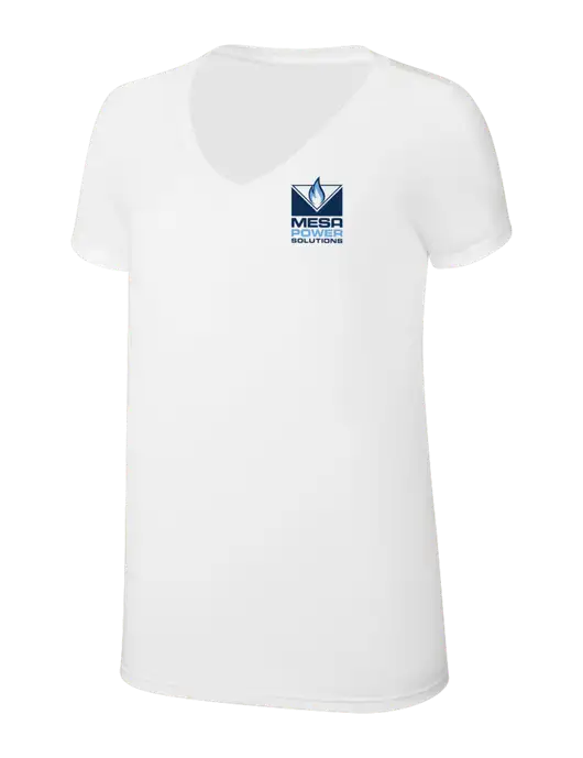 Womens Simply Soft V-Neck White 4.5oz  Poly/Combed Ring Spun Cotton T-Shirt w/Mesa Solutions Logo