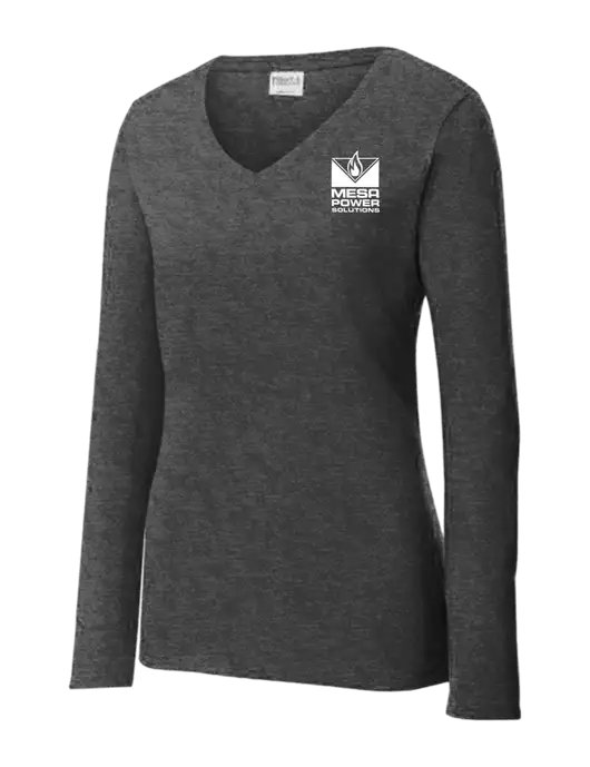 Womens  V-Neck Ring Spun Dark Heather Grey 4.5 oz Long Sleeve T-Shirt w/Mesa Solutions Logo
