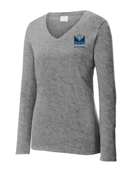 Womens  V-Neck Ring Spun Grey Heather 4.5 oz Long Sleeve T-Shirt w/Mesa Solutions Logo