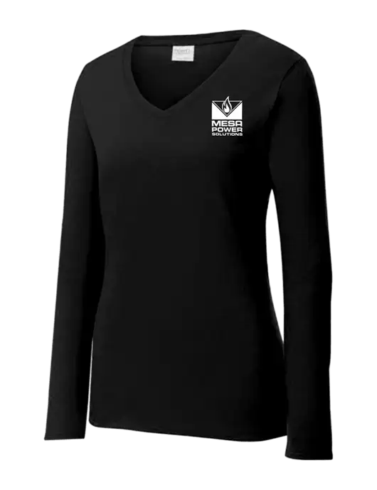 Womens V-Neck Ring Spun Jet Black 4.5 oz Long Sleeve T-Shirt w/Mesa Solutions Logo