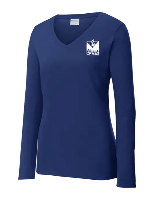 Womens  V-Neck Ring Spun Navy 4.5 oz Long Sleeve T-Shirt w/Mesa Solutions Logo