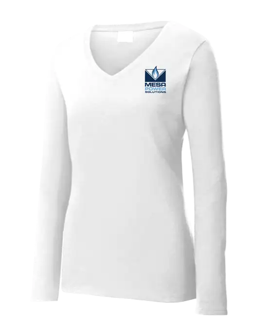 Womens  V-Neck Ring Spun White 4.5 oz Long Sleeve T-Shirt w/Mesa Solutions Logo