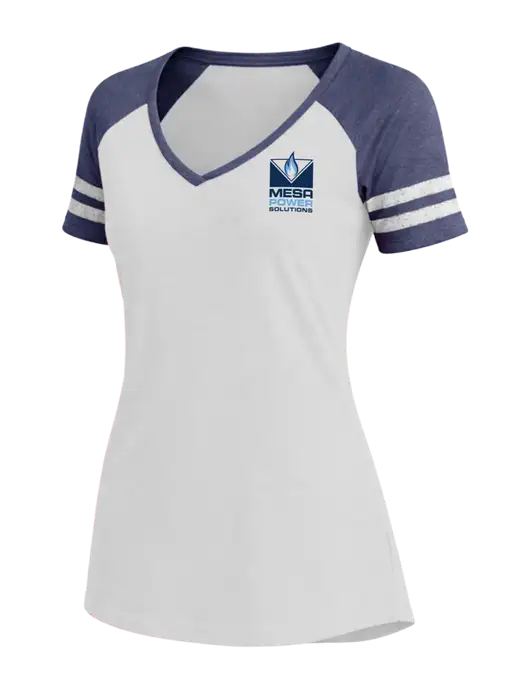 Womens White/Navy Heather V-Neck Game Tee w/Mesa Solutions Logo
